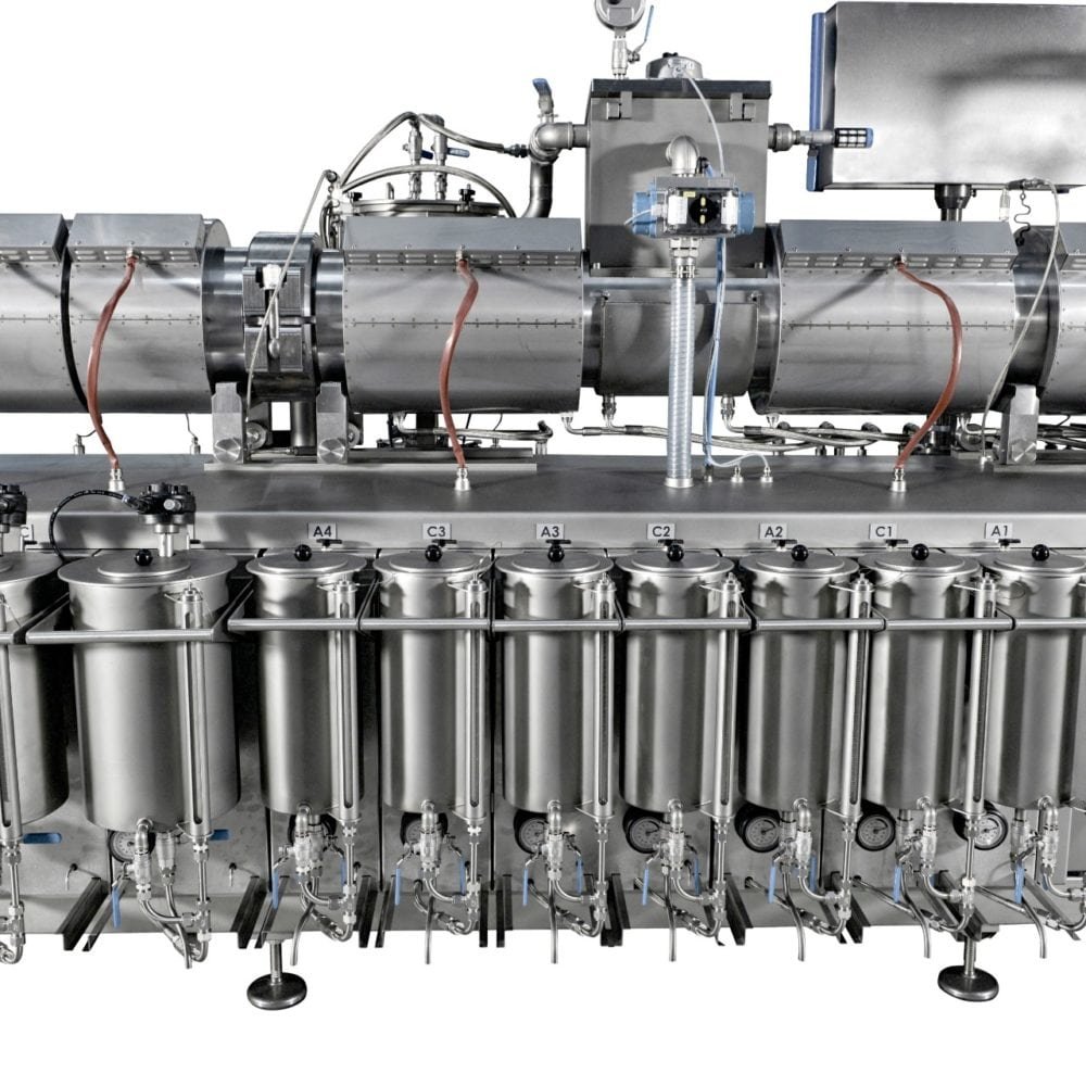 Extrufood dosing skid with individually labeled cylinders (A1-A4, C1-C3) for accurate dosage of color, flavor and acid