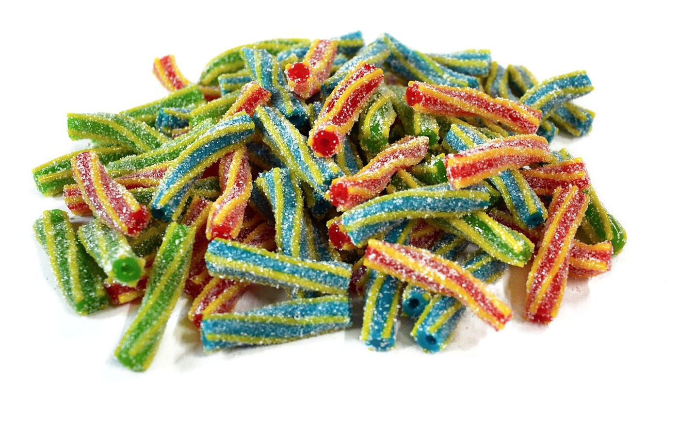 Sugar-sanded multi-colored hollow candy straws in rainbow colors — produced with Extrufood twisted extrusion